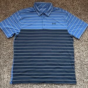 Under Armour Men's Blue and Navy Striped Polo Loose Heatgear XL Golf